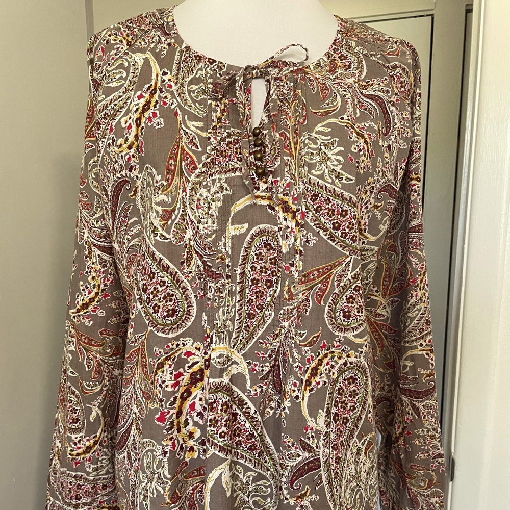 IZOD BOHO BLOUSE TOP LARGE LONG SLEEVE LIGHTWEIGHT 100% COTTON TAUPE RED WHITE